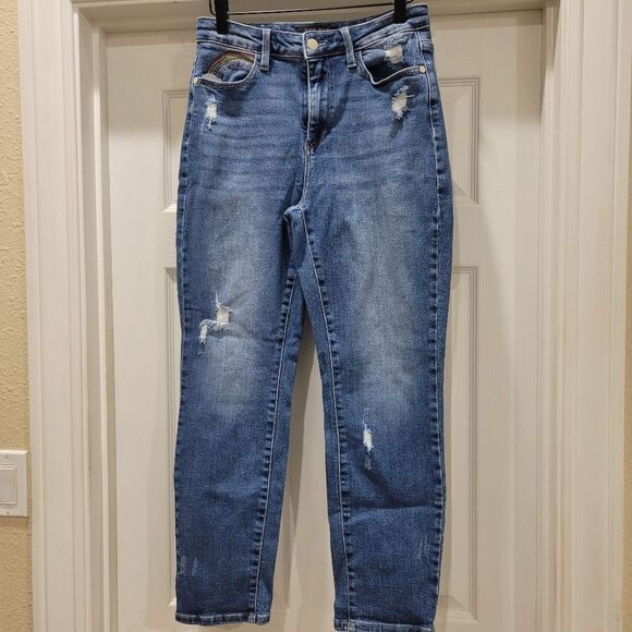 Judy Blue High Rise Rainbow Embroidery Cropped Straight Leg Jeans, sz 29 - Picture 2 of 11